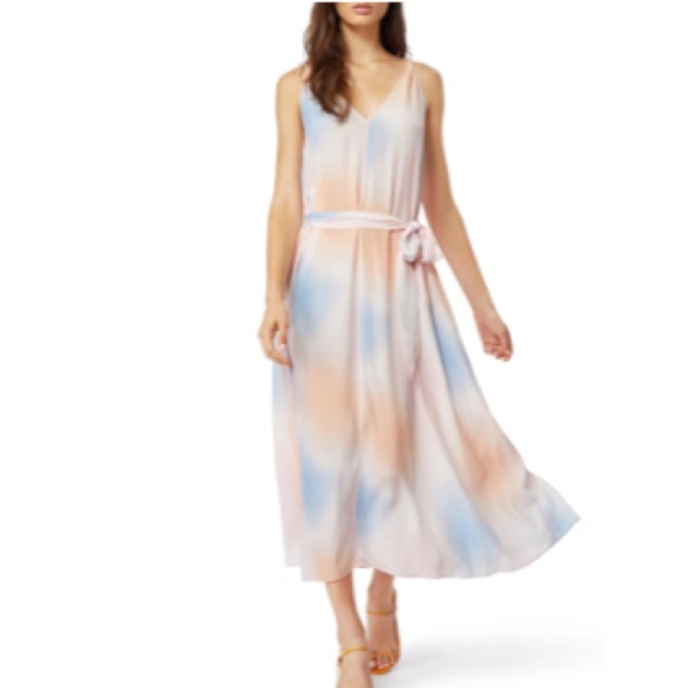 Habitual Blue Pink &Orange Daphne V-Neck Watercolor Nylon Side Slits Dress NWT S